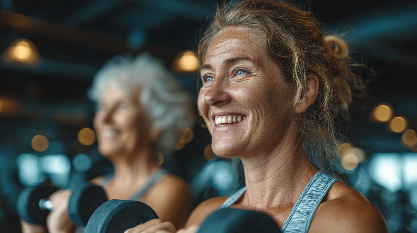 Старші люди займаються фітнесом у спортивному залі